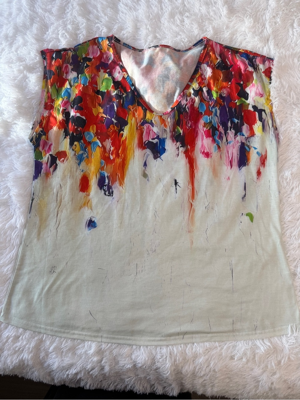 Sleeveless V-Neck Floral Paint Splash Top - White Multicolor